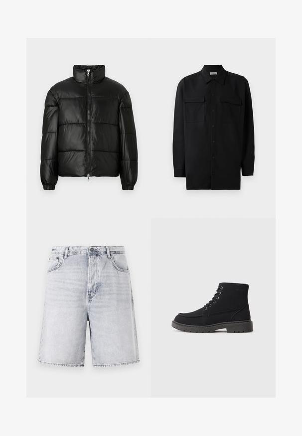 Black puffer jacket with a high collar, zip front closure, quilted design, elastic cuffs, and shiny, smooth fabric finish.; Black button-up shirt made of smooth fabric, featuring a classic collar, two front pockets, and long sleeves with button cuffs.; Denim shorts in light grey with a slightly faded finish. Features five pockets, belt loops, and a zip fly with a button closure.; Black ankle boots made of textured material with a flat sole, round toe, and six eyelet lacing. Reinforced stitching along the edge.