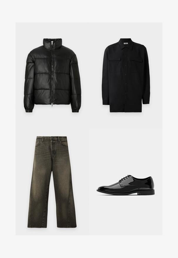 Crna puffer jakna s visokim ovratnikom, zatvaranjem na zip, quilted dizajnom, elastičnim manžetama i sjajnim, glatkim materijalom.; Crna košulja s dugim rukavima od glatkog materijala, s klasičnom kragnom, dva prednja džepa i dugmadima na manžetama.; Visoke crne traperice širokih nogavica s izblijedjelim efektom, prednjim dugmetom i patentnim zatvaračem, te standardnim prednjim džepovima.; Crne lakirane kožne cipele s okruglim vrhom, s vezicama i glatkom, sjajnom površinom. Imaju nisku gumenu potplat.