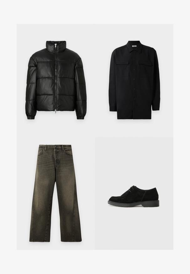 Black puffer jacket with a high collar, zip front closure, quilted design, elastic cuffs, and shiny, smooth fabric finish.; Black button-up shirt made of smooth fabric, featuring a classic collar, two front pockets, and long sleeves with button cuffs.; High-waisted, wide-leg black faded jeans with front button and zip closure, and standard front pockets.; Black suede dress shoe with a rounded toe, contrasting stitching, and a rubber sole. Features minimal lacing and a smooth upper design.
