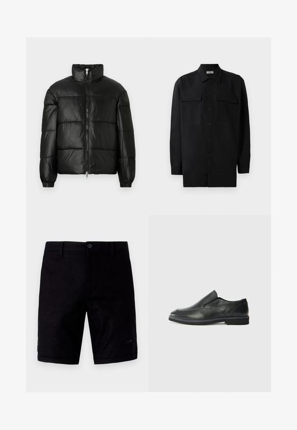 Chaqueta de pluma negra con un cuello alto, cierre frontal con cremallera, diseño acolchado, puños elásticos y acabado de tela brillante y suave.; Camisa negra de botones, fabricada en tejido suave, con un cuello clásico, dos bolsillos delanteros y mangas largas con puños de botón.; Pantalones cortos negros con una textura suave, que cuentan con un cierre de botón, bolsillos tradicionales y puños enrollados. Fabricados con un material ligero.; Zapato negro de cuero sin cordones con un upper suave, detalles de costura, punta redonda y un bajo tacón de goma. La suela presenta una tracción mínima.