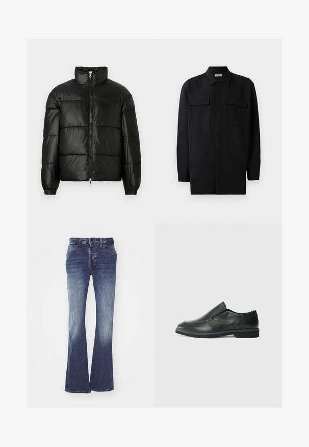 Casaco puffer preto com gola alta, fecho frontal em zíper, design acolchoado, punhos elásticos e acabamento de tecido brilhante e suave.; Camisa preta de botão, feita de um tecido suave, com golas clássicas, dois bolsos frontais e mangas longas com punhos abotoados.; Calças de ganga azuis com corte reto e cintura média, apresentando desvanecimento do escuro para o claro, cinco bolsos e fecho de botão.; Sapato slip-on preto em pele com um upper liso, acabamentos cosidos, bico arredondado e um salto de borracha baixo. A sola apresenta um padrão de aderência mínimo.