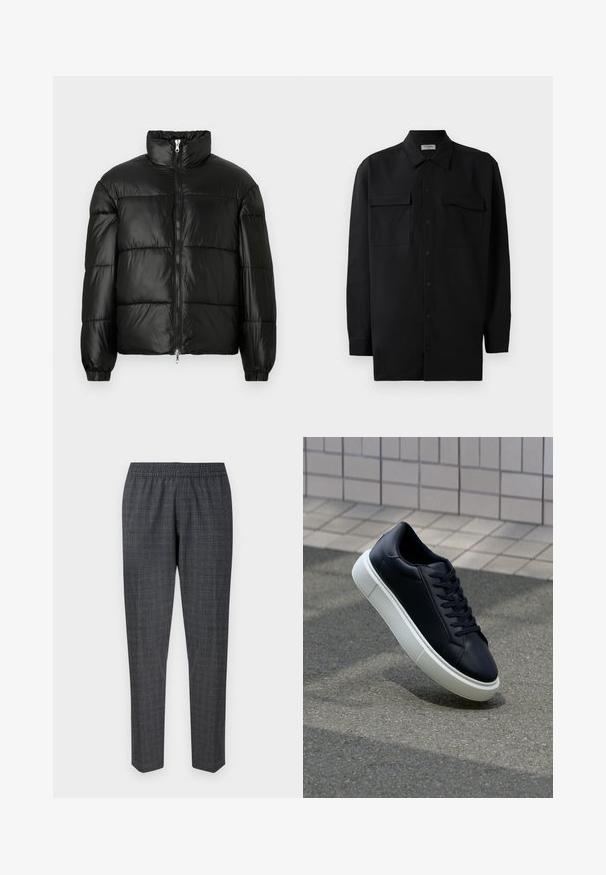 Črna pufasta jakna z visokim ovratnikom, z zadrgo spredaj, prešito zasnovo, elastičnimi manšetami in sijočim, gladkim zaključkom tkanine.; Črn srajčni zgornji del iz gladkega materiala, s klasičnim ovratnikom, dvema sprednjima žepoma in dolgimi rokavi z gumbi na manšetah.; Sive karirane hlače z elastičnim pasom in zoženimi nogami, narejene iz teksturirane tkanine z rahlim vzorcem.; Črne usnjene superge z zaobljenim prstom in belim gumijastim podplat. Imajo ravne vezalke in minimalno šivanje na zgornjem delu. Teksturirani podplat za oprijem.