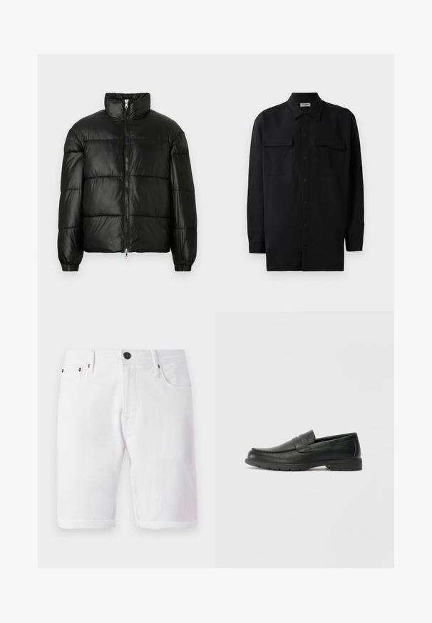 Črna pufasta jakna z visokim ovratnikom, z zadrgo spredaj, prešito zasnovo, elastičnimi manšetami in sijočim, gladkim zaključkom tkanine.; Črn srajčni zgornji del iz gladkega materiala, s klasičnim ovratnikom, dvema sprednjima žepoma in dolgimi rokavi z gumbi na manšetah.; Beli jeansi s kratkimi hlačami z gumbom, zasnovo s petimi žepi in zavitim robom. Gladka tekstura z kovinskimi detajli na žepih.; Črne usnjene loafer čevlje z gladko površino, zgornjim delom v slogu mokasin, šivanimi detajli in gumijastim podplatom. Klasična zasnova z nizko peto.