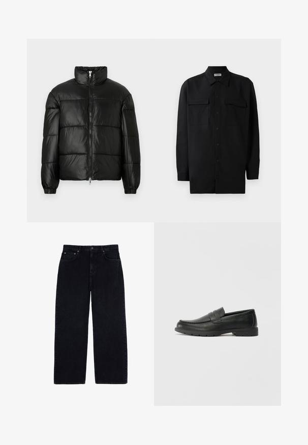 Sort puffet jakke med høj krave, lynlås foran, quiltet design, elastiske manchetter og skinnende, glat stoffinish.; Sort skjorte med knapper lavet af glat stof, med klassisk krave, to frontlommer og lange ærmer med knapmanchetter.; Bredde ben corduroy bukser i mørkeblå, med en ribbet tekstur, standard fem-lomme design og metal knaplukning i taljen.; Sorte læderslippers med en glat finish, mokkasin-stil overdel, syninger og gummisål. Klassisk design med en lav hæl.