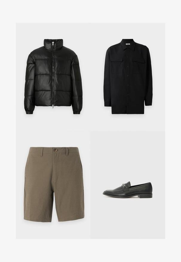 Svart pufferjakke med høy krage, glidelås foran, quiltet design, elastiske mansjetter og blank, glatt stofffinish.; Svart skjorte med knapper laget av glatt stoff, med klassisk krage, to frontlommer og lange ermer med knappe mansjetter.; Olivengrønne shorts lavet af tekstureret stof, med knaplukning og flad front, samt sidelommer for funktionalitet.; Sorte skinnloafers med en glatt finish, og med en sydd design og en dekorativ metallkjedeakcent over foten. Flat hæl.