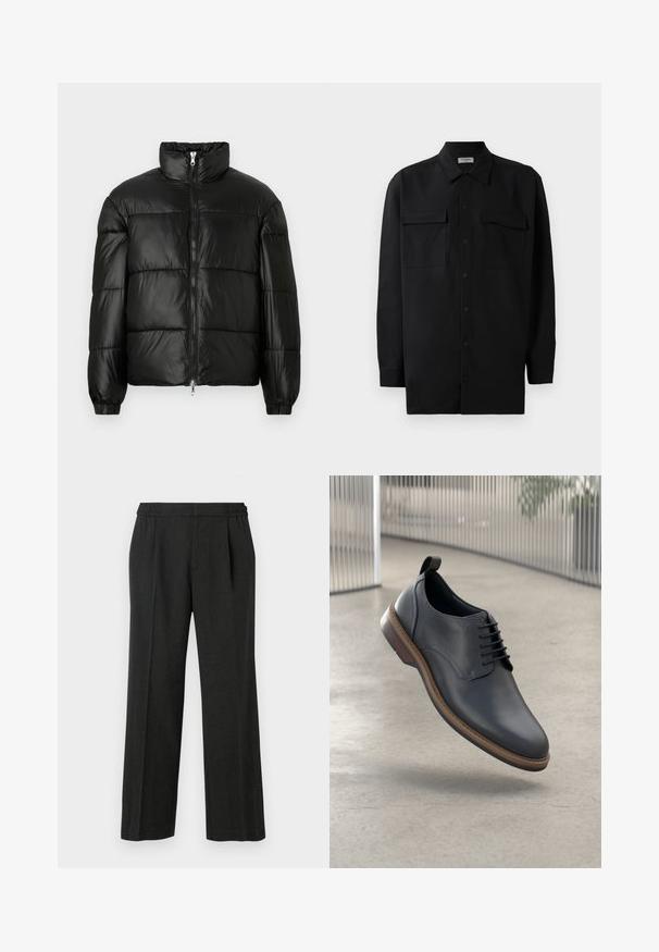 Czarna kurtka puchowa z wysokim kołnierzem, zapięciem na zamek błyskawiczny z przodu, pikowanym wzorem, elastycznymi mankietami oraz błyszczącym, gładkim wykończeniem materiału.; Czarna koszula z guzikami wykonana z gładkiego materiału, z klasycznym kołnierzykiem, dwoma przednimi kieszeniami i długimi rękawami z mankietami na guziki.; Czarne spodnie szerokie z elastycznym pasem, zmarszczonym przodem i gładką teksturą. Brak widocznych wzorów lub detali sprzętowych.; Męskie czarne skórzane buty eleganckie z okrągłym noskiem, z detalicznym szwem, wyraźnymi sznurowadłami i akcentującą brązową podeszwą. Zostały zaprojektowane z uchwytem.