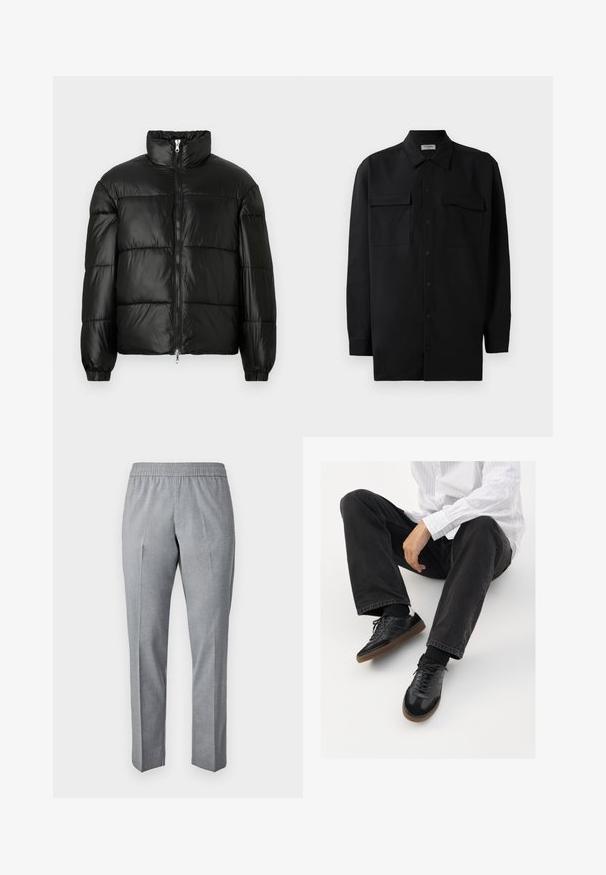 Schwarze Daunenjacke mit hohem Kragen, Reißverschluss vorne, gestepptem Design, elastischen Bündchen und glänzendem, glattem Stofffinish.; Schwarzes Hemd mit Knopfleiste aus glattem Stoff, das einen klassischen Kragen, zwei Brusttaschen und lange Ärmel mit Knopfmanschetten aufweist.; Grau, gewebte Hose mit einem elastischen Bund, geradem Schnitt und einer Bügelfalte auf der Vorderseite. Der Stoff sieht glatt und leicht aus.; Schwarze Sneakers mit einer glatten und strukturierten Oberfläche, ausgestattet mit einer Gummisohle und dunklen Schnürsenkeln. Kombiniert mit schwarzen Jeans und einem gestreiften weißen Hemd.