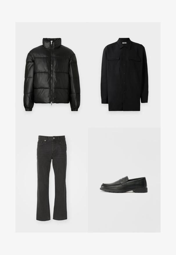 Čierna páperová bunda s vysokým golierom, predným zipsom, prešívaným dizajnom, elastickými manžetami a lesklým hladkým materiálom.; Čierna košeľa na gombíky vyrobená z hladkej tkaniny, so klasickým golierom, dvoma prednými vreckami a dlhými rukávmi s gombíkovými manžetami.; Čierne rovné džínsy vyrobené z denimu s klasickým dizajnom piatich vreciek a kovovým hardvérom. Hladká textúra s miernym pružením.; Čierne kožené mokasíny s hladkým povrchom, vrchnou časťou v štýle mokasín, prešitým detailom a gumovou podrážkou. Klasický dizajn s nízkym podpätkom.