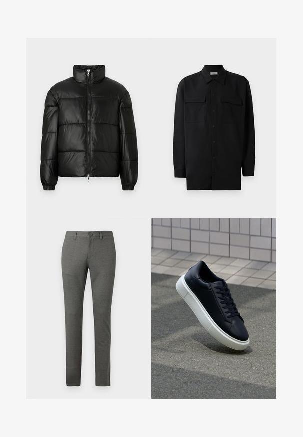 Svart puffjacka med hög krage, dragkedja fram, kviltat mönster, elastiska ärmslut och en blänkande, slät ytfinish.; Svart knappened skjorta i slät tyg, med klassisk krage, två frampockets samt långa ärmar med knäppning vid handlederna.; Grå skräddarsydda byxor med en texturerad yta, slim fit-design, framfickor och en enkel knappstängning i midjan.; Svart lädersneaker med rundad tå och vit gummisula. Har platta snören och minimal sömnad på ovansidan. Texturerad sula för grepp.