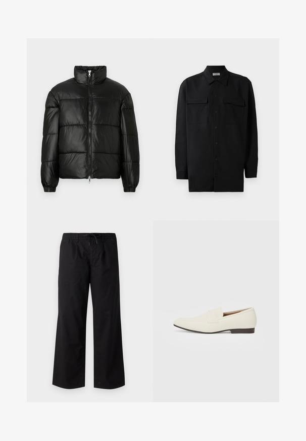 Czarna kurtka puchowa z wysokim kołnierzem, zapięciem na zamek błyskawiczny z przodu, pikowanym wzorem, elastycznymi mankietami oraz błyszczącym, gładkim wykończeniem materiału.; Czarna koszula z guzikami wykonana z gładkiego materiału, z klasycznym kołnierzykiem, dwoma przednimi kieszeniami i długimi rękawami z mankietami na guziki.; Jack & Jones JJJAMIE czarny; Jasne beżowe mokasyny z wąskim noskiem, gładkim materiałem, paskiem na wierzchu stopy oraz niską brązową podeszwą. Prosty design z minimalnymi akcentami.