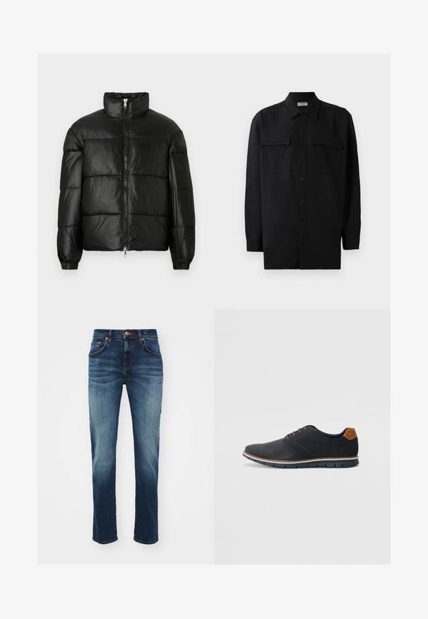 Črna pufasta jakna z visokim ovratnikom, z zadrgo spredaj, prešito zasnovo, elastičnimi manšetami in sijočim, gladkim zaključkom tkanine.; Črn srajčni zgornji del iz gladkega materiala, s klasičnim ovratnikom, dvema sprednjima žepoma in dolgimi rokavi z gumbi na manšetah.; Temno modri kavbojke iz denima z rahlim zbledenjem, zasnova s petimi žepi, zapiranje na gumb, ravne hlačnice in ojačan rob.; Črne sintetične čevlje z teksturirano zgornjščino, gladkimi akcenti, rjavim petnim delom in kontrastnim podplatom. Imajo minimalno vezanje in detajle šivanja.