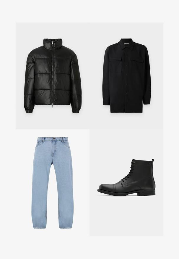 Geacă neagră din material puffy, cu guler înalt, închidere cu fermoar pe față, design matlasat, mansete elastice și finisaj din țesătură lucioasă și netedă.; Cămașă neagră cu nasturi, confecționată dintr-un material neted, având un guler clasic, două buzunare frontale și mâneci lungi cu manșete cu nasturi.; Jeans din denim albastru deschis cu un design drept, având patru buzunare, fermoar și detalii de cusătură aurie.; Bocanci de piele negri până la glezne, cu vârf rotund, design cu șireturi și talpă plată din cauciuc. Prezentă broderie minimă și un cârlig pe călcâi.