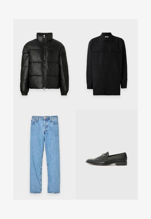 Mustat puffer-takki korkealla kauluksella, vetoketjukiinnitys edessä, tikattu malli, joustavat hihansuut ja kiiltävä, sileä kangasviimeistely.; Musta napillinen paita, joka on valmistettu sileästä kankaasta. Paita sisältää klassisen kaulan, kaksi etutaskua ja pitkät hihat, joissa on nappivarat.; Vaaleansiniset farkut, joissa on suora lahjamuoto, viisi taskua, näkyvät ompeleet sekä napilla ja vetoketjulla varustettu kiinnitys.; Musta nahkakengät, joissa on sileä pinta, koristeelliset ompeleet ja metalliketjun yksityiskohta kengän päällä. Littee korko.