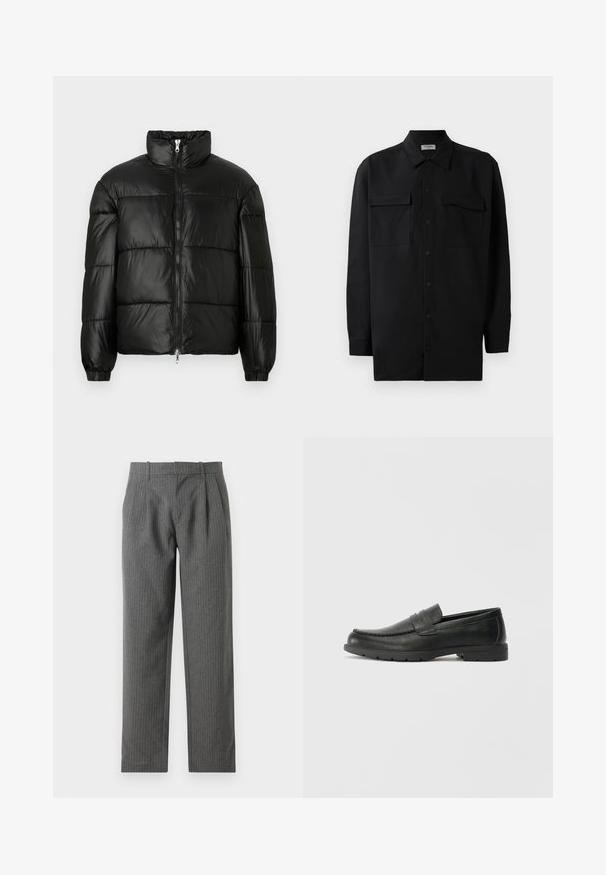 Sort puffet jakke med høj krave, lynlås foran, quiltet design, elastiske manchetter og skinnende, glat stoffinish.; Sort skjorte med knapper lavet af glat stof, med klassisk krave, to frontlommer og lange ærmer med knapmanchetter.; Grå, stribede bukser lavet af et tekstureret stof. Har en høj talje med læg og et lige ben design.; Sorte læderslippers med en glat finish, mokkasin-stil overdel, syninger og gummisål. Klassisk design med en lav hæl.