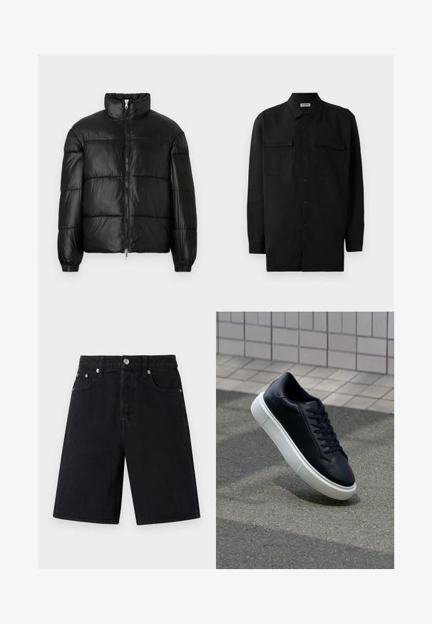 Chaqueta de pluma negra con un cuello alto, cierre frontal con cremallera, diseño acolchado, puños elásticos y acabado de tela brillante y suave.; Camisa negra de botones, fabricada en tejido suave, con un cuello clásico, dos bolsillos delanteros y mangas largas con puños de botón.; Pantalones cortos de mezclilla negra con corte recto. Las características incluyen cierre de cremallera, cinco bolsillos, detalles en plata y un acabado sutilmente texturizado.; Zapatilla de cuero negro con punta redonda y suela de goma blanca. Presenta cordones planos y un mínimo de costuras en la parte superior. Suela texturizada para proporcionar agarre.