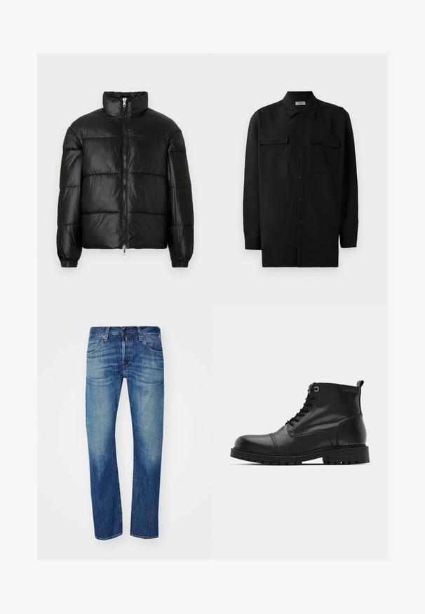 Črna pufasta jakna z visokim ovratnikom, z zadrgo spredaj, prešito zasnovo, elastičnimi manšetami in sijočim, gladkim zaključkom tkanine.; Črn srajčni zgornji del iz gladkega materiala, s klasičnim ovratnikom, dvema sprednjima žepoma in dolgimi rokavi z gumbi na manšetah.; Modri kavbojke z ravnim krojem, z zbledečimi poudarki, zasnovo s petimi žepi in gumbom za zapiranje v pasu.; Črne usnjene gležnjarje s okroglo noskom, z vezalkami, kontrastnimi sivimi očesi in trpežnim gumijastim podplatom. Gladka textura z minimalnimi akcenti.