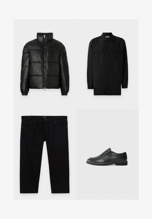 Černá péřová bunda s vysokým límcem, zapínáním na zip, prošívaným designem, elastickými manžetami a lesklým, hladkým povrchem.; Černá košile na knoflíky vyrobená z hladké tkaniny, s klasickým límcem, dvěma předními kapsami a dlouhými rukávy s knoflíkovými manžetami.; Černé denimové džíny se střihy rovného nohavice, s klasickým pětikapsovým stylem a kontrastními kovovými detaily.; Černá kožená nazouvací bota s hladkým svrškem, prošívanými detaily, zaoblenou špičkou a nízkým gumovým podpatkem. Podešev má minimální vzorek.