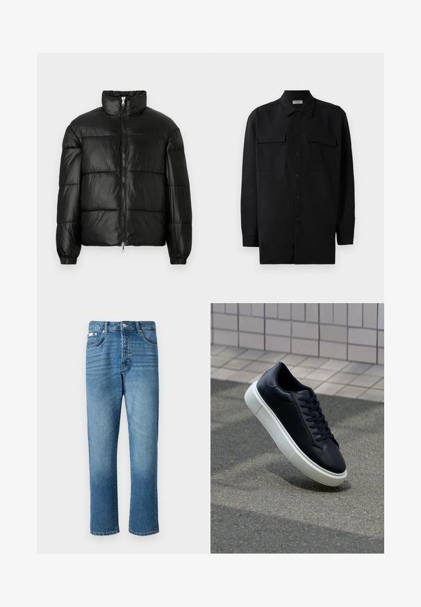 Čierna páperová bunda s vysokým golierom, predným zipsom, prešívaným dizajnom, elastickými manžetami a lesklým hladkým materiálom.; Čierna košeľa na gombíky vyrobená z hladkej tkaniny, so klasickým golierom, dvoma prednými vreckami a dlhými rukávmi s gombíkovými manžetami.; Svetlo modré džínsy so strihom rovného nohu, vybavené zapínaním na gombík, piatimi vreckami a jemným vyblednutím na stehnách a leme.; Čierne kožené tenisky s okrúhlou špičkou a bielou gumovou podrážkou. Majú ploché šnúrky a minimálne šitie na vrchu. Textúrovaná podrážka pre lepšiu priľnavosť.