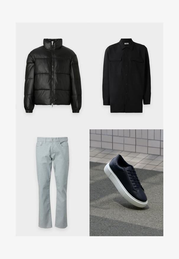 Giacca a vento nera con colletto alto, chiusura frontale con zip, design trapuntato, polsini elasticizzati e finitura in tessuto lucido e liscio.; Camicia nera con bottoni realizzata in tessuto morbido, dotata di colletto classico, due tasche frontali e maniche lunghe con polsini a bottone.; Jeans in denim azzurro chiaro con una vestibilità dritta, cinque tasche, chiusura a zip e una texture leggera. Dotati di passanti per cintura e cuciture a contrasto.; Sneaker in pelle nera con punta arrotondata e suola in gomma bianca. Presenta lacci piatti e cuciture minime sulla parte superiore. Suola testurizzata per una migliore aderenza.