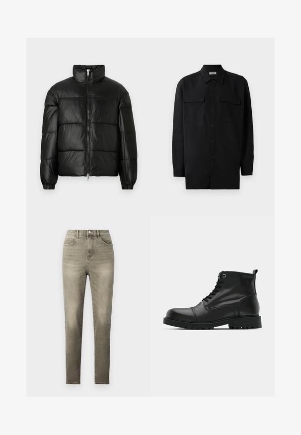 Črna pufasta jakna z visokim ovratnikom, z zadrgo spredaj, prešito zasnovo, elastičnimi manšetami in sijočim, gladkim zaključkom tkanine.; Črn srajčni zgornji del iz gladkega materiala, s klasičnim ovratnikom, dvema sprednjima žepoma in dolgimi rokavi z gumbi na manšetah.; Sive visoke kavbojke iz denim materiala, ki vključujejo zaklepanje na gumb, pet žepov in ožji kroj z rahlim zbledelostjo.; Črne usnjene gležnjarje s okroglo noskom, z vezalkami, kontrastnimi sivimi očesi in trpežnim gumijastim podplatom. Gladka textura z minimalnimi akcenti.