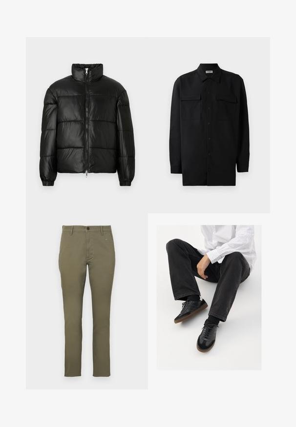 Mustat puffer-takki korkealla kauluksella, vetoketjukiinnitys edessä, tikattu malli, joustavat hihansuut ja kiiltävä, sileä kangasviimeistely.; Musta napillinen paita, joka on valmistettu sileästä kankaasta. Paita sisältää klassisen kaulan, kaksi etutaskua ja pitkät hihat, joissa on nappivarat.; Oliivinvihreät, slim-fit verryttelyhousut, jotka on valmistettu puuvillasta ja joissa on sileä pinta. Varusteena napitus ja neljä taskua. Yksinkertainen, minimalistinen muotoilu.; Mustat tennarit, joissa on sileä ja teksturoitu päällyste, varustettuna kumipohjalla ja tummilla nauhoilla. Yhdistetty mustiin farkkuihin ja valko-raitaiseen paitaan.