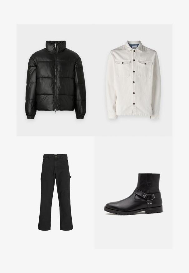 Black puffer jacket with a high collar, zip front closure, quilted design, elastic cuffs, and shiny, smooth fabric finish.; Jack & Jones JJEEDDIE  - Shirt - buttercream; Black cargo pants in cotton blend fabric. Features wide legs, front slant pockets, and a side pocket with a loop for accessories.; Black leather ankle boot with a pointed toe, flat rubber sole, and a decorative strap with a metal ring and studs. Smooth texture.
