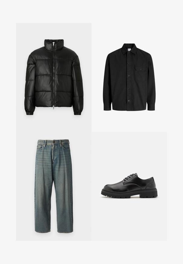 Černá péřová bunda s vysokým límcem, zapínáním na zip, prošívaným designem, elastickými manžetami a lesklým, hladkým povrchem.; Černá košile s dlouhým rukávem a knoflíkovým zapínáním, s límečkem a jednou náprsní kapsou, která má knoflíkový klapku.; Světle modré denimové džíny s volným střihem, středně vysokým pasem a rovnými nohavicemi. Obsahují pět kapes, poutka na opasek a zapínání na knoflík.; Černé kožené boty s zaoblenou špičkou, šněrovacím designem a silnou, strukturovanou gumovou podrážkou. Vyznačují se prošíváním po okraji a hladkým povrchem.