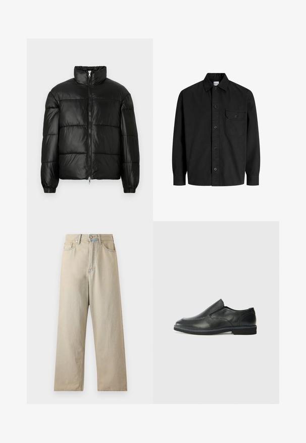 Melna pūkainā jaka ar augstu apkakli, rāvējslēdzēja priekšējo aizdari, quilted dizainu, elastīgām piedurknēm un spīdīgu, gludu auduma apdari.; Melna garām piedurknēm pogājama kreklā ar apkakli un vienu krūšu kabatu ar pogājamā vāka dizainu.; Gaišbeidzīgu platajām biksēm ar augstu jostasvietu, izgatavotas no denima materiāla. Iezīmē klasiskā piecu kabatu dizaina un viegla izbalēšana.; Melnas ādas slip-on kurpes ar gludu augšdaļu, izšūtām akcentiem, noapaļotu purngala daļu un zemu gumijas papēdi. Zole ar minimālu rakstu.