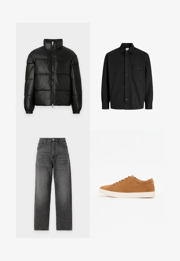 Czarna kurtka puchowa z wysokim kołnierzem, zapięciem na zamek błyskawiczny z przodu, pikowanym wzorem, elastycznymi mankietami oraz błyszczącym, gładkim wykończeniem materiału.; Czarna, długosleeve'owa koszula zapinana na guziki z kołnierzykiem i jedną kieszenią na piersi z klapką zapinaną na guzik.; Dżinsy w stylu high-waisted z szerokimi nogawkami w wyblakłym czarnym denimu. Posiadają pięć kieszeni, zapięcie na guzik z przodu oraz szlufki na pasek, z delikatnym efektem przecierania.; Brązowe zamszowe sneakersy o niskim kroju, z białą gumową podeszwą i okrągłym noskiem. Zawierają pasujące sznurowadła oraz minimalne oznaczenie marki na pięcie.