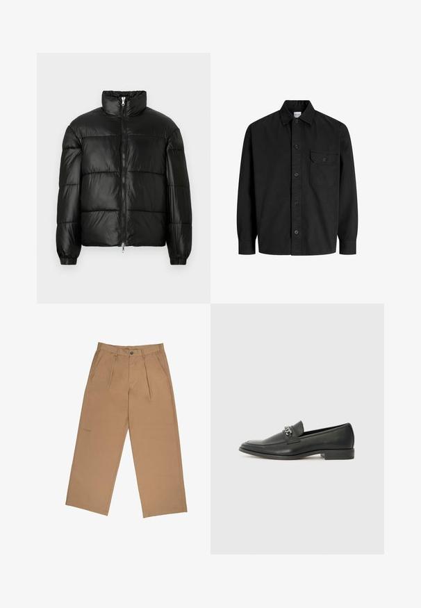 Mustat puffer-takki korkealla kauluksella, vetoketjukiinnitys edessä, tikattu malli, joustavat hihansuut ja kiiltävä, sileä kangasviimeistely.; Mustapaita, jossa on pitkät hihat, napitus, kaulus ja yksi rintatasku nappisuljennalla.; Housut, jotka on valmistettu sileästä kankaasta, vaaleanruskeat, joissa on laskokset, nappikiinnitys ja logo itsekudottuna helman lähellä.; Musta nahkakengät, joissa on sileä pinta, koristeelliset ompeleet ja metalliketjun yksityiskohta kengän päällä. Littee korko.