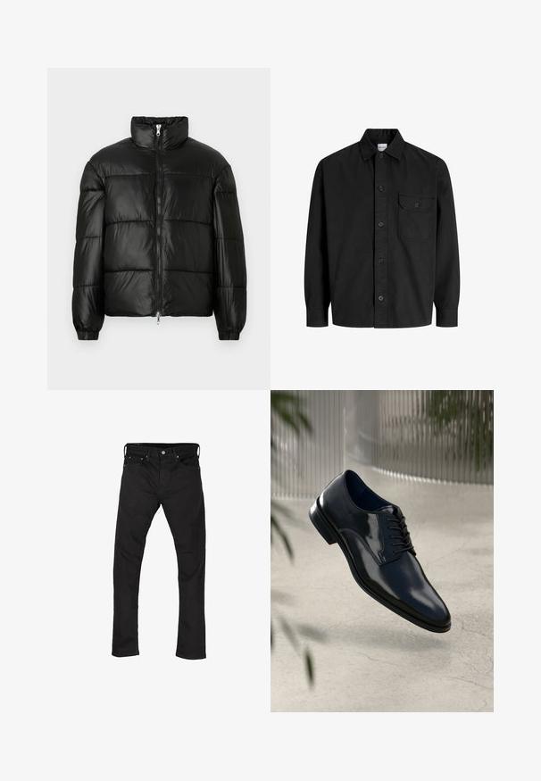 Juodas pūkinis švarkas su aukštu apykakle, užtrauktuko priekyje, siuvinėtu dizainu, elastingais rankogaliais ir blizgia, lygiąja audinio apdaila.; Juodas ilgarankovis marškiniai su apykakle ir viena krūtinės kišenė su mygtukiniu dangteliu.; Juodi liekni džinsai su priekinėmis kišenėmis, diržo kilpomis ir mygtuko uždarymu, išdėstyti plokščiai ant balto fono.; Tamsiai mėlynos odinės batų suknelės su blizgiu paviršiumi, su raišteliais, šiek tiek lenktu pirštu ir lygiu paviršiumi.