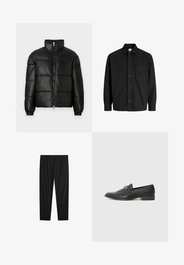 Czarna kurtka puchowa z wysokim kołnierzem, zapięciem na zamek błyskawiczny z przodu, pikowanym wzorem, elastycznymi mankietami oraz błyszczącym, gładkim wykończeniem materiału.; Czarna, długosleeve'owa koszula zapinana na guziki z kołnierzykiem i jedną kieszenią na piersi z klapką zapinaną na guzik.; Czarne dopasowane spodnie z gładkim przodem, dwoma fałdami i zapięciem na guzik. Gładka faktura, proste nogawki i brak widocznych wzorów.; Czarne skórzane mokasyny o gładkim wykończeniu, z haftowanym wzorem i dekoracyjnym akcentem z metalowego łańcucha na wierzchu. Płaska pięta.