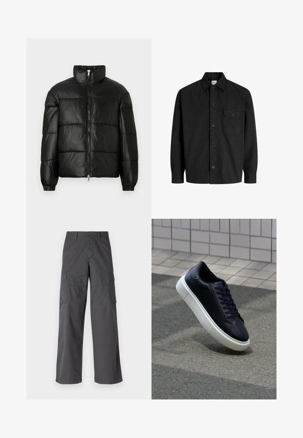 Zwarte pufferjack met een hoge kraag, ritsvoorzijde, gestikt ontwerp, elastische manchetten en een glanzende, gladde stofafwerking.; Zwarte langarmknopenoverhemd met kraag en één borstzak met een geknoopte flap.; Jack & Jones JJKNOCKOUT WIDE FIT - Cargobroek - asphalt; Zwarte leren sneaker met een ronde neus en een witte rubberen zool. Voorzien van platte veters en minimale stiksels op het bovenwerk. Textuurrijke zool voor grip.
