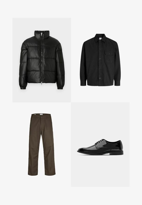 Černá péřová bunda s vysokým límcem, zapínáním na zip, prošívaným designem, elastickými manžetami a lesklým, hladkým povrchem.; Černá košile s dlouhým rukávem a knoflíkovým zapínáním, s límečkem a jednou náprsní kapsou, která má knoflíkový klapku.; Tmavě hnědé chinos s rovnými nohavicemi, vyrobené z odolné tkaniny. Obsahují zapínání na knoflík a přední kapsy. Hladká textura.; Černé lakované kožené dress boty s kulatou špičkou, šněrovacím designem a hladkým, lesklým povrchem. Disponují nízkoprofilovou gumovou podrážkou.