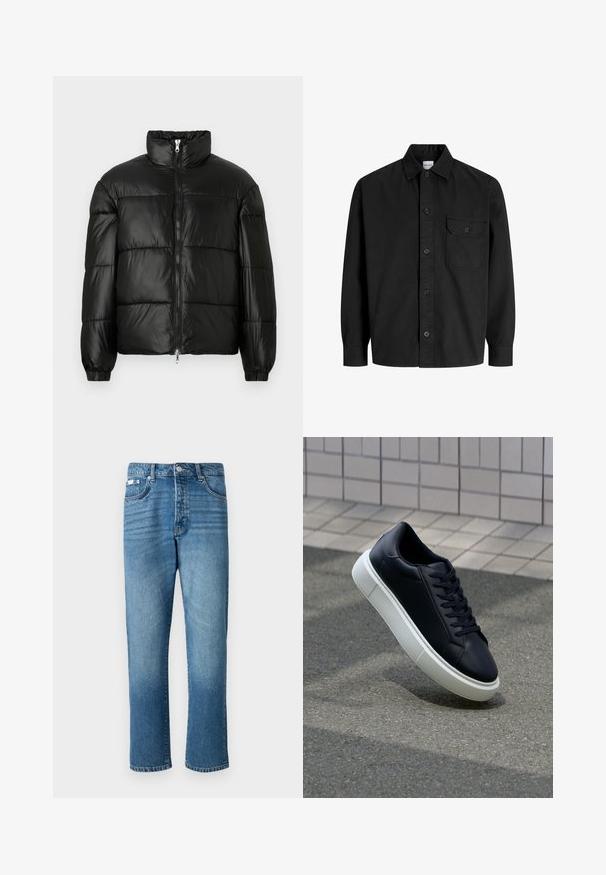 Czarna kurtka puchowa z wysokim kołnierzem, zapięciem na zamek błyskawiczny z przodu, pikowanym wzorem, elastycznymi mankietami oraz błyszczącym, gładkim wykończeniem materiału.; Czarna, długosleeve'owa koszula zapinana na guziki z kołnierzykiem i jedną kieszenią na piersi z klapką zapinaną na guzik.; Jasnoniebieskie dżinsy o prostym kroju nogawek, z zapięciem na guzik, pięcioma kieszeniami oraz subtelnym blaknięciem na udach i u dołu nogawek.; Czarne skórzane sneakersy z okrągłym noskiem i białą gumową podeszwą. Posiadają płaskie sznurowadła i minimalne przeszycia na cholewce. Teksturowana podeszwa zapewnia przyczepność.