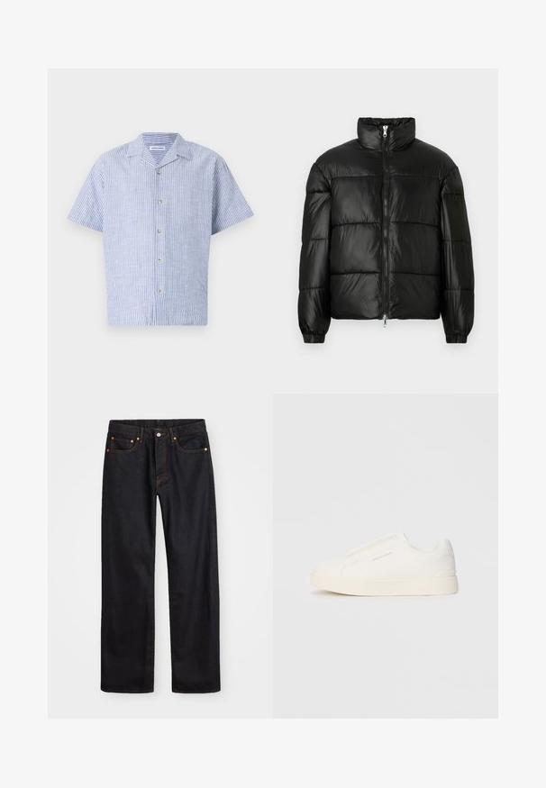 Črna pufasta jakna z visokim ovratnikom, z zadrgo spredaj, prešito zasnovo, elastičnimi manšetami in sijočim, gladkim zaključkom tkanine.; Kratka majica s kratkimi rokavi v modro-beli navpični črti, s kragnico in petimi gumbi, izdelana iz lahkega materiala.; Moške črne kavbojke ravnega kroja z petimi žepi in oranžnim šivanjem, z gumbom in zadrgo na sprednjem pasu.; Bele zapete brez vezalk z teksturirano površino, debelim podplatom in minimalističnim dizajnom. Na strani se nahaja logotip blagovne znamke.