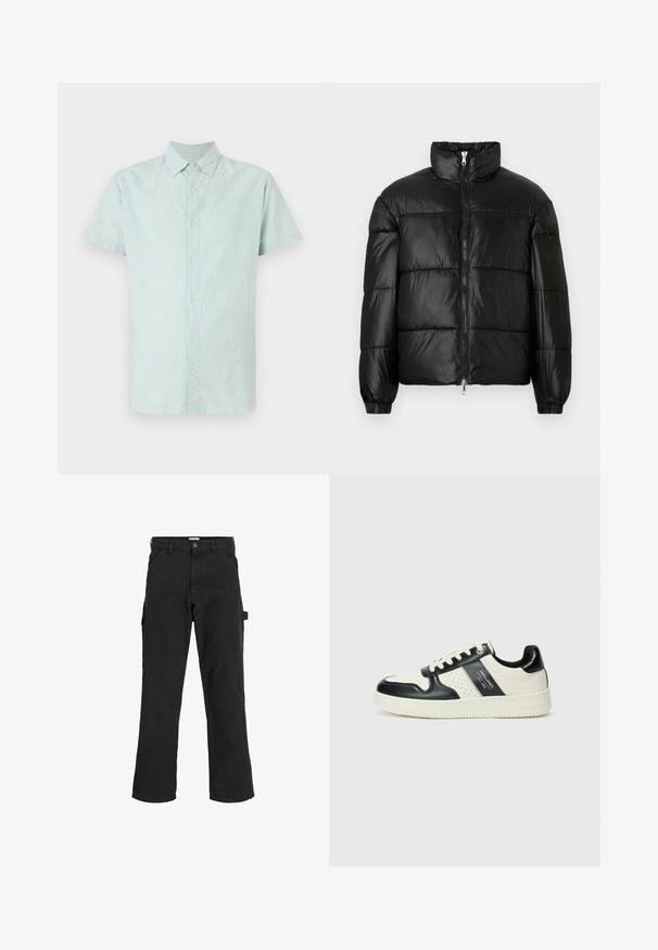 Juodas pūkinis švarkas su aukštu apykakle, užtrauktuko priekyje, siuvinėtu dizainu, elastingais rankogaliais ir blizgia, lygiąja audinio apdaila.; Šviesiai žalia, trumpomis rankovėmis audinio marškiniai, su smailiu apykakle ir visišku mygtukų uždarymu, turintys subtilią tekstūrą ir tiesų apatinį kraštą.; Juodos krovinių kelnės iš medvilnės mišinio audinio. Ypatybės: plačios kojos, šoninės kišenės ir šoninė kišenė su kilpa aksesuarams.; Odiniai sportbačiai juodos ir kreminės spalvų schemoje, su perforuotais akcentais, paminkštinta apykakle ir tekstūruotu padu.