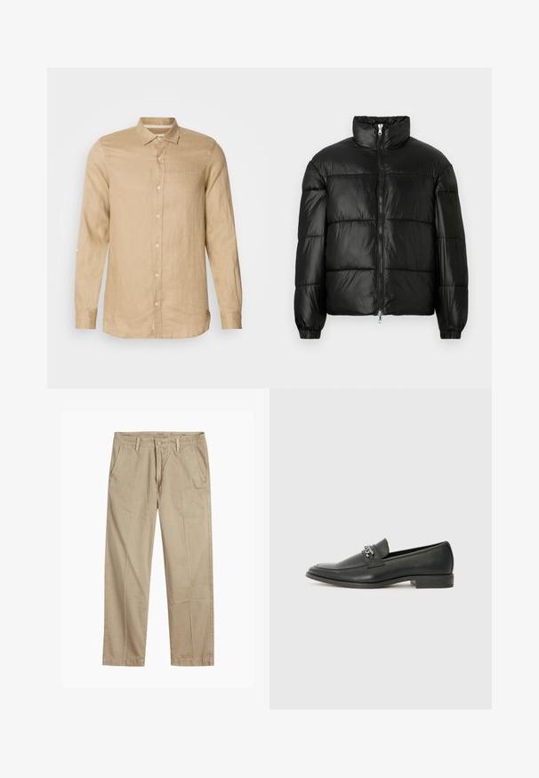 Čierna páperová bunda s vysokým golierom, predným zipsom, prešívaným dizajnom, elastickými manžetami a lesklým hladkým materiálom.; Svetlo béžová košeľa s dlhým rukávom z ľanového materiálu, s gombíkmi na prednej strane, jemnou textúrou a golierom. Obsahuje detail rukávov s rolovacou záložkou.; Béžové chinos nohavice rovného strihu s pútkami na opasok, predným gombíkom a zipsom, a šikmými prednými vreckami.; Čierne kožené loafers s hladkým povrchom, s prešitým dizajnom a dekoratívnym kovovým reťazovým akcentom cez priehlavok. Plochý podpätok.