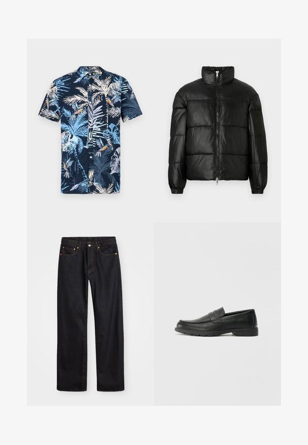 Casaco puffer preto com gola alta, fecho frontal em zíper, design acolchoado, punhos elásticos e acabamento de tecido brilhante e suave.; Camisa de manga curta com fundo azul marinho e estampa tropical de folhas de palmeira azul-claro e pássaros coloridos. Gola com botões.; Calças de ganga pretas para homem, de pernas retas, com cinco bolsos e costura laranja, fecho de botão e zíper na cintura da frente.; Sapatos mocassins de couro preto com acabamentos lisos, parte superior em estilo mocassins, detalhes em costura e sola de borracha. Design clássico com um salto baixo.