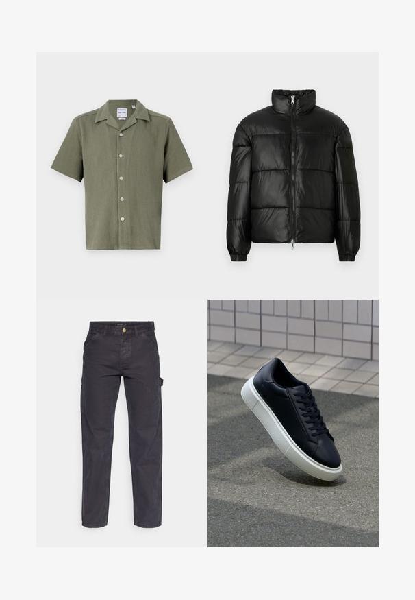 Giacca a vento nera con colletto alto, chiusura frontale con zip, design trapuntato, polsini elasticizzati e finitura in tessuto lucido e liscio.; Camicia a maniche corte verde oliva, con texture a coste, presenta un colletto e sei bottoni chiari lungo la parte anteriore.; Pantaloni cargo grigio scuro realizzati in tessuto resistente, con un taglio dritto, cinque tasche e chiusura a bottoni in vita.; Sneaker in pelle nera con punta arrotondata e suola in gomma bianca. Presenta lacci piatti e cuciture minime sulla parte superiore. Suola testurizzata per una migliore aderenza.