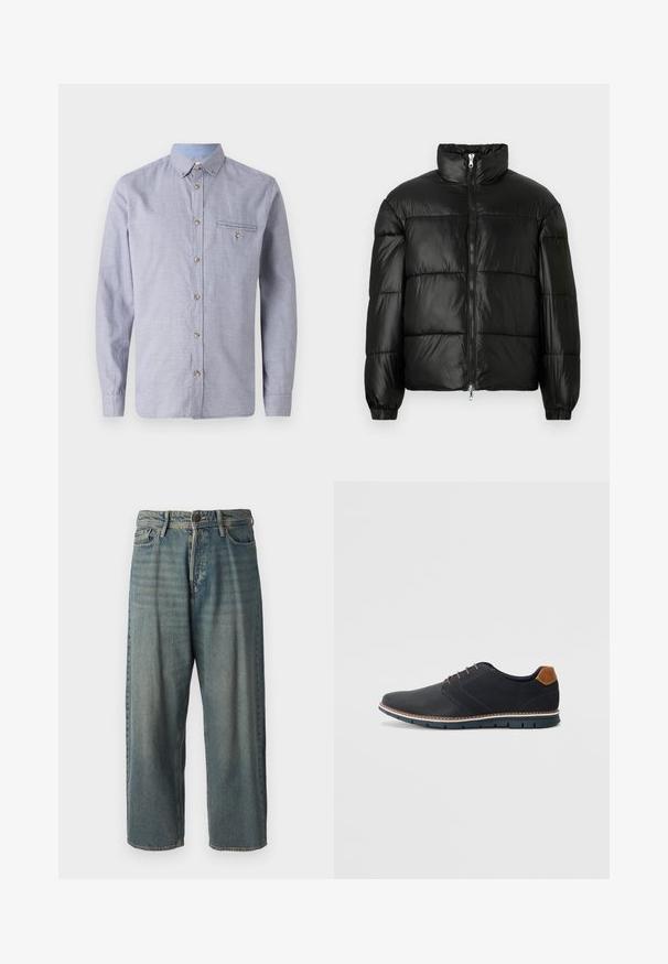 Črna pufasta jakna z visokim ovratnikom, z zadrgo spredaj, prešito zasnovo, elastičnimi manšetami in sijočim, gladkim zaključkom tkanine.; Svetlo modra in bela karirana dolg rokav s srajco s ovratnikom na gumb, sprednjim žepom, manšetami in lesenimi gumbnimi detajli.; Svetlomoderne kavbojke z ohlapnim krojem, srednjim pasom in ravnimi nogami. Imajo pet žepov, zanke za pas in zapiranje na gumb.; Črne sintetične čevlje z teksturirano zgornjščino, gladkimi akcenti, rjavim petnim delom in kontrastnim podplatom. Imajo minimalno vezanje in detajle šivanja.