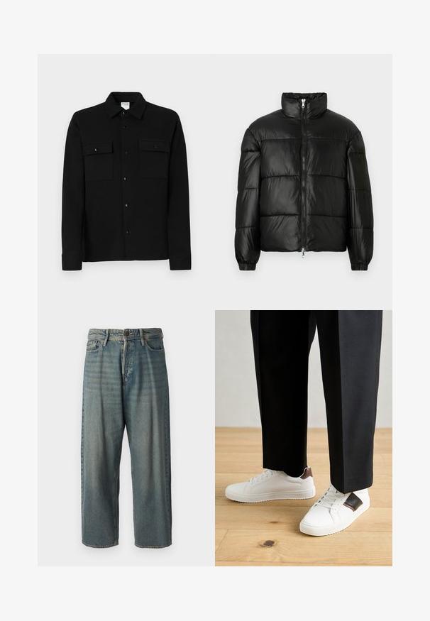Black puffer jacket with a high collar, zip front closure, quilted design, elastic cuffs, and shiny, smooth fabric finish.; Black button-up shirt made of smooth fabric, featuring two chest pockets, a point collar, and buttoned cuffs. Simple design with minimal detailing.; Light blue denim jeans with a loose fit, mid-rise waist, and straight legs. Features five pockets, belt loops, and a button closure.; White sneakers with smooth texture, featuring brown leather accents and black detailing, paired with black tailored pants. Wooden floor background.