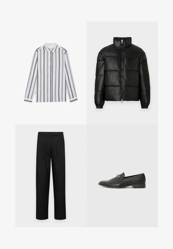 Melna pūkainā jaka ar augstu apkakli, rāvējslēdzēja priekšējo aizdari, quilted dizainu, elastīgām piedurknēm un spīdīgu, gludu auduma apdari.; Balto garām piedurknēm pogājama krekla, balta ar melnām vertikālām svītrām. Izgatavots no viegla auduma, ar klasisku apkakli un aprocēm.; Melnas bikses, izgatavotas no gludas auduma, ar taisnu kāju dizainu, divām priekšējām krokām un standarta jostu, kurai ir āķi.; Melna ādas loafer izmēra apavi ar gludu virsmu, piedāvā ar šūtu dizainu un dekoratīvu metāla ķēdes akcentu pār vampu. Plakana papēža daļa.