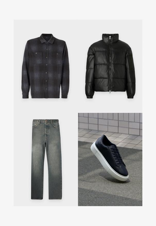 Svart pufferjakke med høy krage, glidelås foran, quiltet design, elastiske mansjetter og blank, glatt stofffinish.; Langermet skjorte med knapper i svart og mørkegrå rutemønster, med to brystlommer og standard krage. Glatt tekstur.; Jack & Jones JJIALEX JJCOOPER - Baggy jeans - black denim; Sorte skinnsneakers med rund tå og hvit gummisåle. Har flate lisser og minimal søm på overdelen. Strukturert såle for grep.