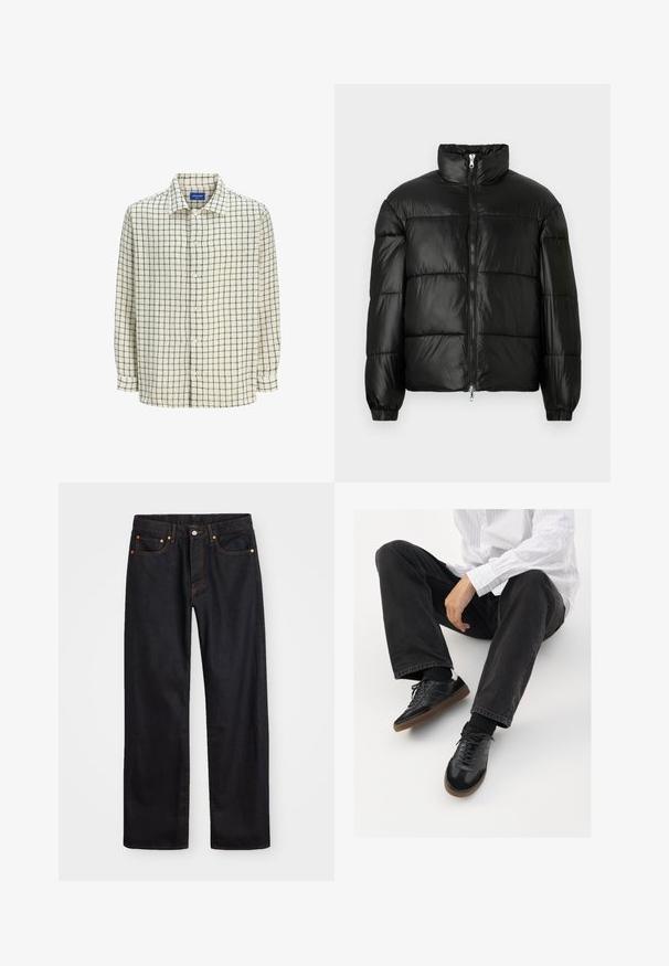 Črna pufasta jakna z visokim ovratnikom, z zadrgo spredaj, prešito zasnovo, elastičnimi manšetami in sijočim, gladkim zaključkom tkanine.; Srajca s kratkimi gumbi v kremni barvi z črno mrežastim vzorcem. Narejena iz lahkega blaga, ima ovratnik in dolge rokave.; Moške črne kavbojke ravnega kroja z petimi žepi in oranžnim šivanjem, z gumbom in zadrgo na sprednjem pasu.; Črne superge z gladkim in strukturiranim zgornjim delom, ki vključuje gumijast podplat in temne vezalke. Uvrščene so z štručasto črnimi kavbojkami in belo črtasto majico.