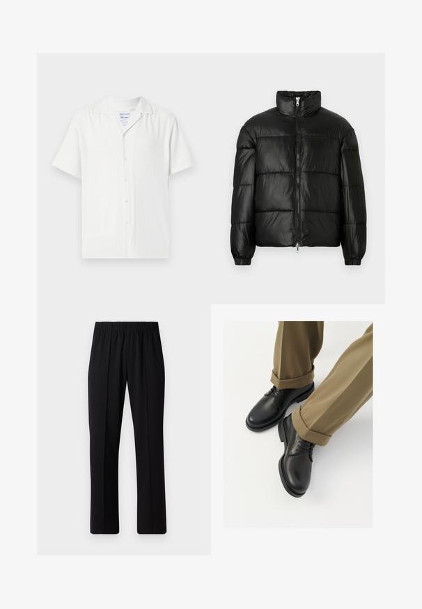 Doudoune noire avec un col montant, fermeture éclair sur le devant, design matelassé, poignets élastiques et finition en tissu lisse et brillant.; Chemise blanche à manches courtes avec un devant à boutons, en tissu texturé, dotée d'un col et d'une coupe décontractée.; Pantalons noirs à taille élastique avec une coupe droite, présentant une texture lisse et sans motifs ni éléments visibles.; Chaussures habillées en cuir noir avec une finition lisse, dotées de lacets et d'un bout arrondi, associées à un pantalon en khaki retroussé.