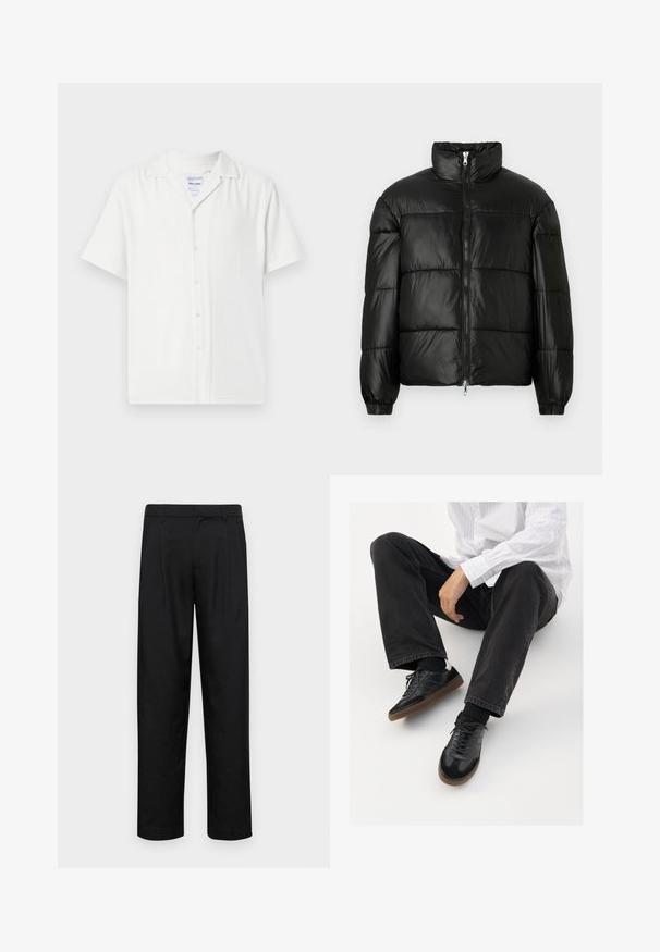 Črna pufasta jakna z visokim ovratnikom, z zadrgo spredaj, prešito zasnovo, elastičnimi manšetami in sijočim, gladkim zaključkom tkanine.; Kratke rukave bele srajce z gumbi spredaj, narejene iz teksturirane tkanine, s ovratnikom in sproščenim krojem.; Črne hlače iz gladkega materiala, s krojem ravne noge, dvema sprednjima pregiboma in standardnim pasom z zankami za pas.; Črne superge z gladkim in strukturiranim zgornjim delom, ki vključuje gumijast podplat in temne vezalke. Uvrščene so z štručasto črnimi kavbojkami in belo črtasto majico.