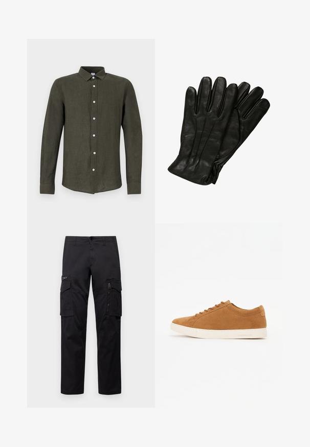 Juodas pūkinis švarkas su aukštu apykakle, užtrauktuko priekyje, siuvinėtu dizainu, elastingais rankogaliais ir blizgia, lygiąja audinio apdaila.; Tamsiai žalia ilgarankovė marškinėliai, pagaminti iš lininio audinio. Turi mygtukų užsegimą priekyje su šviesių spalvų mygtukais ir apykaklę, suteikiančią struktūruotą išvaizdą.; Juodos krovinių kelnės, turinčios kelis kišenes, užtrauktuku uždaromą kišenę ant šlaunies, tiesaus kirpimo ir tvirtos medvilnės audinys su nežymiu blizgesiu.; Rudos zomšos sportbačiai su žemu dizainu, balta gumine padu ir apvaliu pirštu. Yra atitinkamos raišteliai ir minimalus ženklinimas ant kulno.; Juodos odinės pirštinės su lygiu paviršiumi, penkiomis pirštų dalimis ir subtiliais siuvinėjimo akcentais. Klasikinis dizainas, tinkantis šaltu oru.