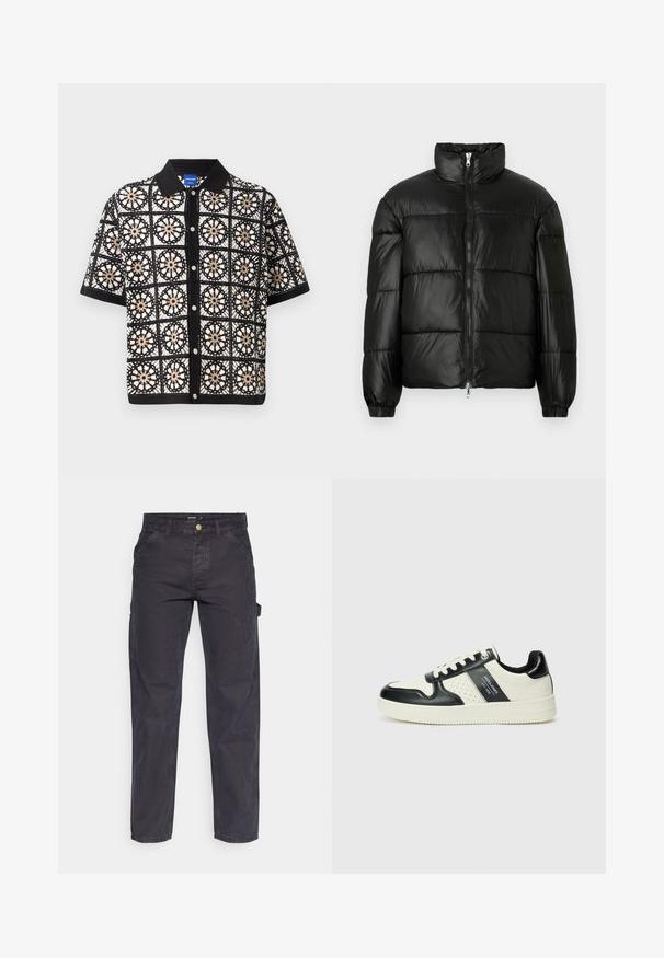 Črna pufasta jakna z visokim ovratnikom, z zadrgo spredaj, prešito zasnovo, elastičnimi manšetami in sijočim, gladkim zaključkom tkanine.; Črna majica s kratkimi rokavi z zapletenimi belimi in bež cvetličnimi krožnimi vzorci, z gumbi spredaj in ravnim ovratnikom.; Temno sivi cargo hlače iz trpežnega materiala, z ravnim krojem nogavic, petimi žepi in gumbom za zapiranje v pasu.; Usnjeni športni čevlji z črno in krem barvno shemo, ki vključujejo perforirane dodatke, podložen ovratnik in strukturirano podplat.