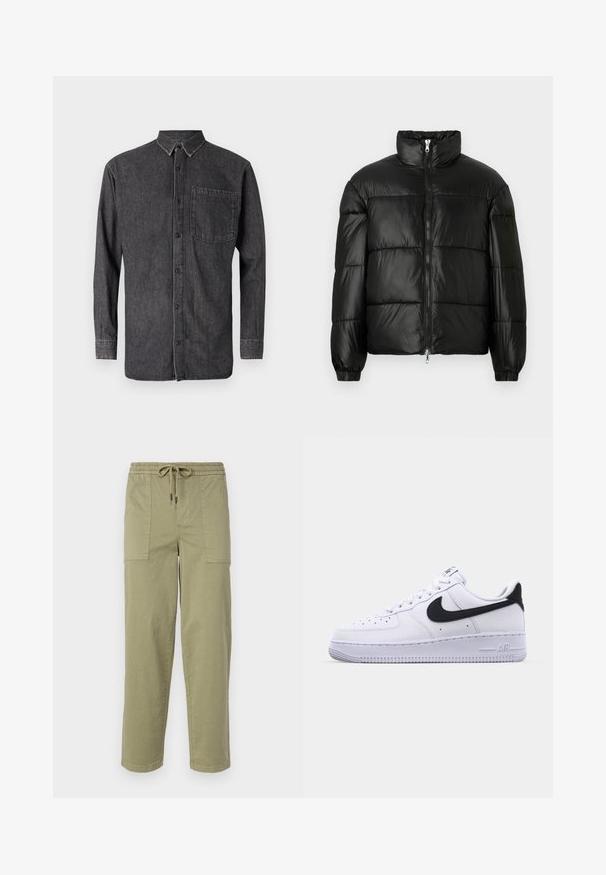 Svart pufferjakke med høy krage, glidelås foran, quiltet design, elastiske mansjetter og blank, glatt stofffinish.; Knappskjorte i mørk grå denim, har lange ermer, krage og en brystlomme med en falmet tekstur og kontrasterende sømdetaljer.; Lys olivengrønne bukser laget av bomullsblandingsstoff, med elastisk midje og snor, samt to store sidelommer.; Hvit lær sneakers med en teksturert svart Swoosh, flate lisser og en gummisåle med et rillemønster. "AIR" er preget på hælen.